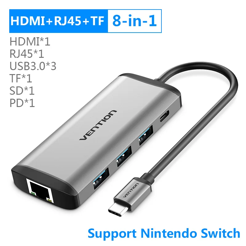 Vention USB-C концентратора Тип C концентратор USB 3,0 Thunderbolt 3 HDMI 3,5 мм аудио RJ45 адаптер для MacBook Pro samsung Galaxy S9 USB C концентратора - Цвет: New 8 in 1 HUB