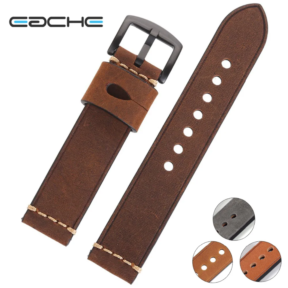 

EACHE Handmade Stitching Genuine Leather Watch Band 20mm 22mm 24mm Silver&Black Buckle In Stock