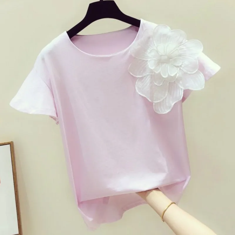 Neploe, футболка с трехмерным цветком, женская летняя, круглый вырез, короткий рукав, футболки, повседневные, хлопок, женские топы, 44034 - Цвет: pink