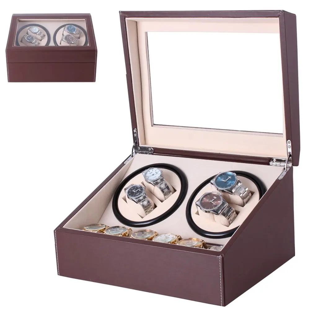 

PU Leather Watch Winding Winder Storage Box Collection Display US plug Automatic Mechanical Doblue Head Motor Jewelry 2019