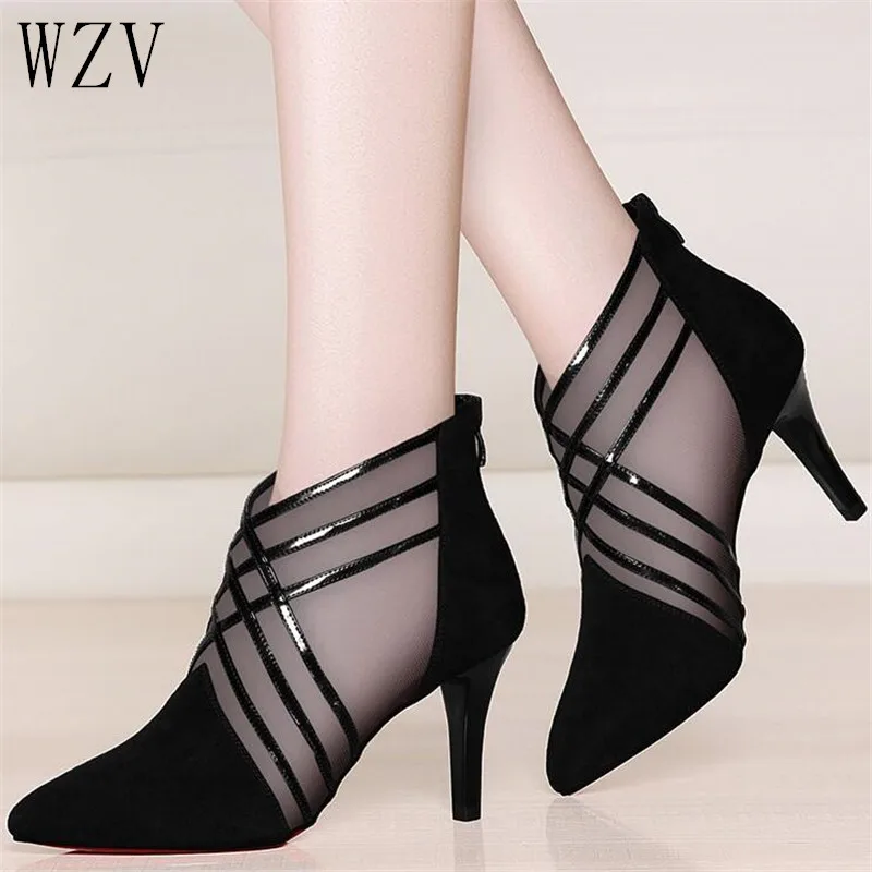 

New 2019 Autumn Winter Mesh Lace Ankle Boots Pointed Toe High Heel Short Boots Women Thin with Ankle Boots E977