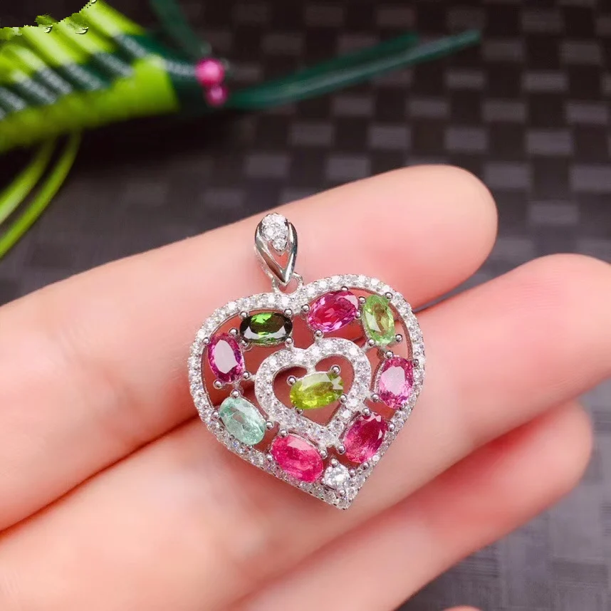 Сердце натуральный турмалин кулоны для Для женщин Юбилей реального драгоценные камни высококачественные ювелирные изделия 925 пробы серебряная цепь#577