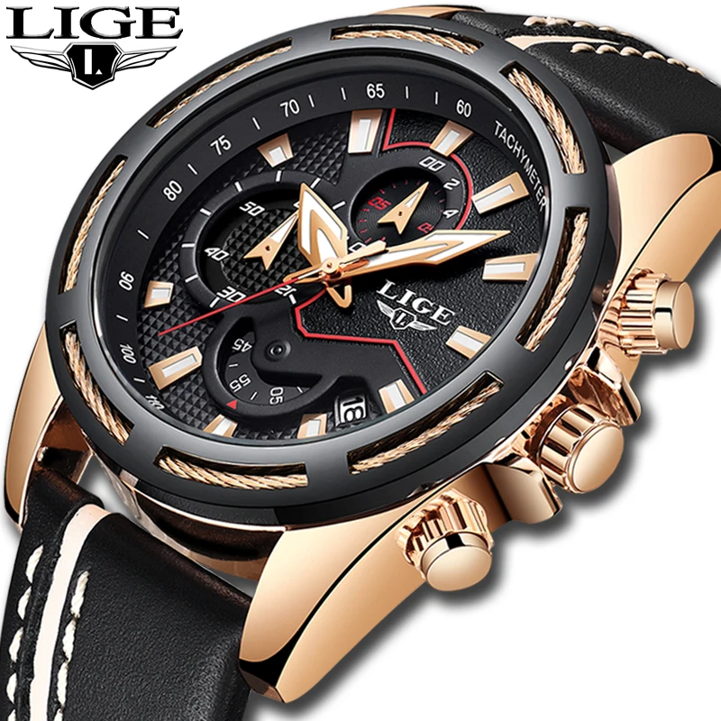 

New LIGE Men Watches Fashion Chronograph Male Casual Leather Quartz Watch Men Military Waterproof Sports Watch Relogio Masculino