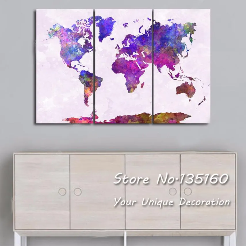 Watercolor World Map Canvas Print Large Wall Art Picture Abstract Colorful Splash Maps Decor Poster Decoration