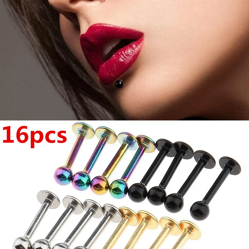 

16pcs Stainless Steel Lip Chin Labret Bar Ring Stud Ball Body Piercing 1mm for Women Men