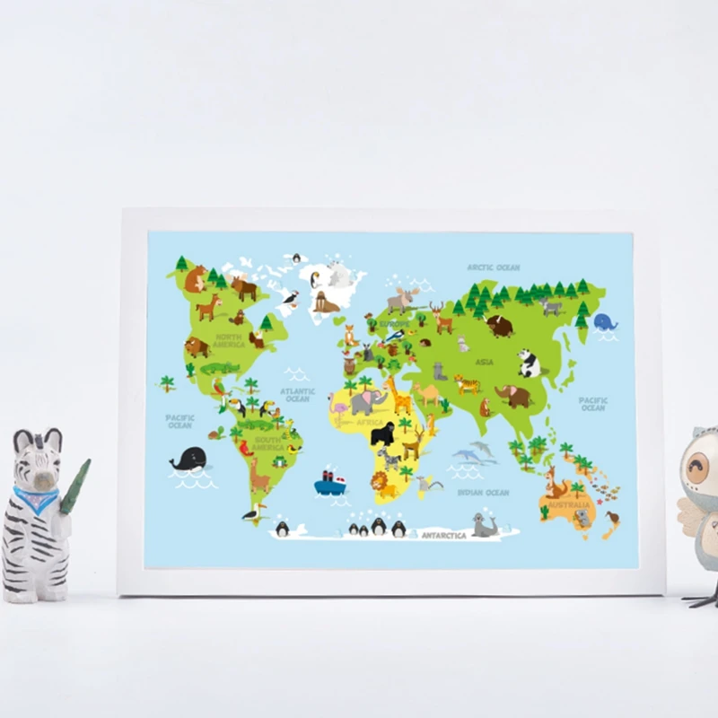 

Funny Cartoon World Map Prints Preschool Education Poster Nursery Wall Art Decor All Continents & Oceans Animals Canvas Painting