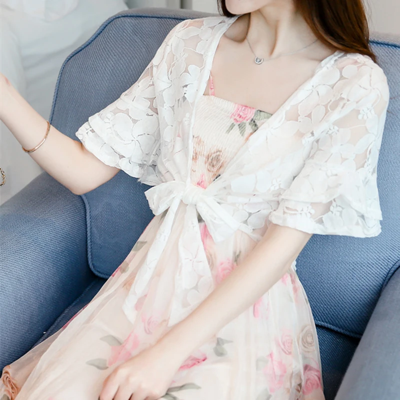

MLXSLKY Summer new Lace short small shawl female summer short-sleeved small large size short thin coat womens thin cardigan
