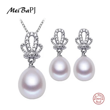 

[MeiBaPJ]New fashion jewelry set for women elegant 925 sterling silver crown pendant necklace&earrings top quality pearl jewelry