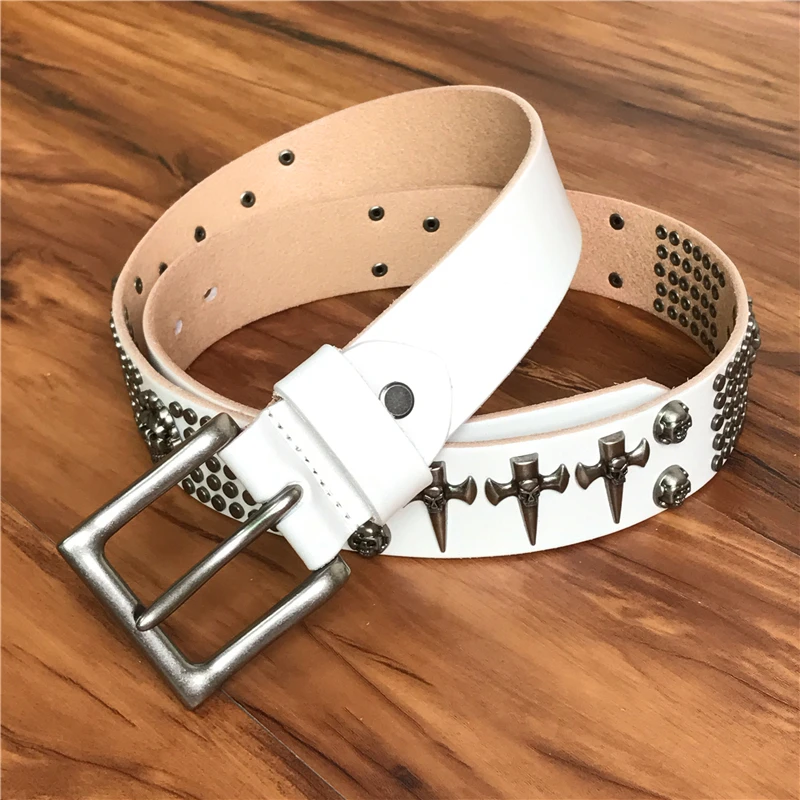 White Cowboy Belt Genuine Leather Skull Belt Rivet Heavy Metal Men Belt