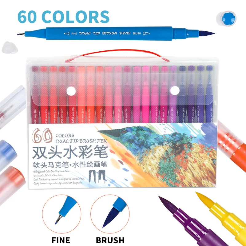 

60Color Dual Tip Brush Pen Art Marker Watercolor Pens Fine Liner and Brush for Coloring Book Drawing Painting Calligraphy Pen