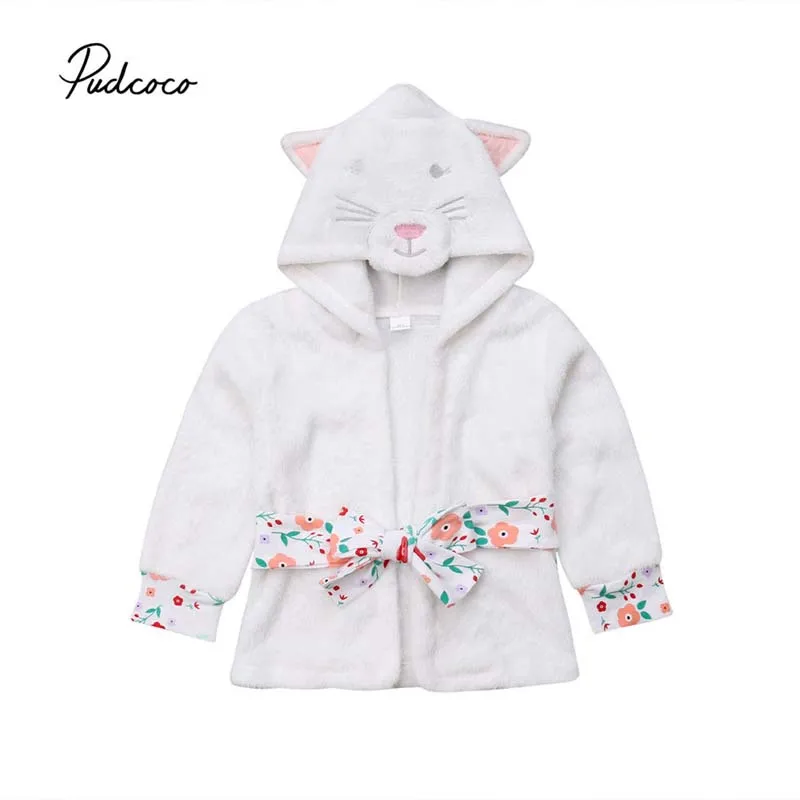 Pudcoco 2018 New Baby Kid Boy Girl Robes Cute Soft Plush Cat Warm Hooded Floral Sashes Bath Sleepwear Dressing Gown Winter 6M-5T