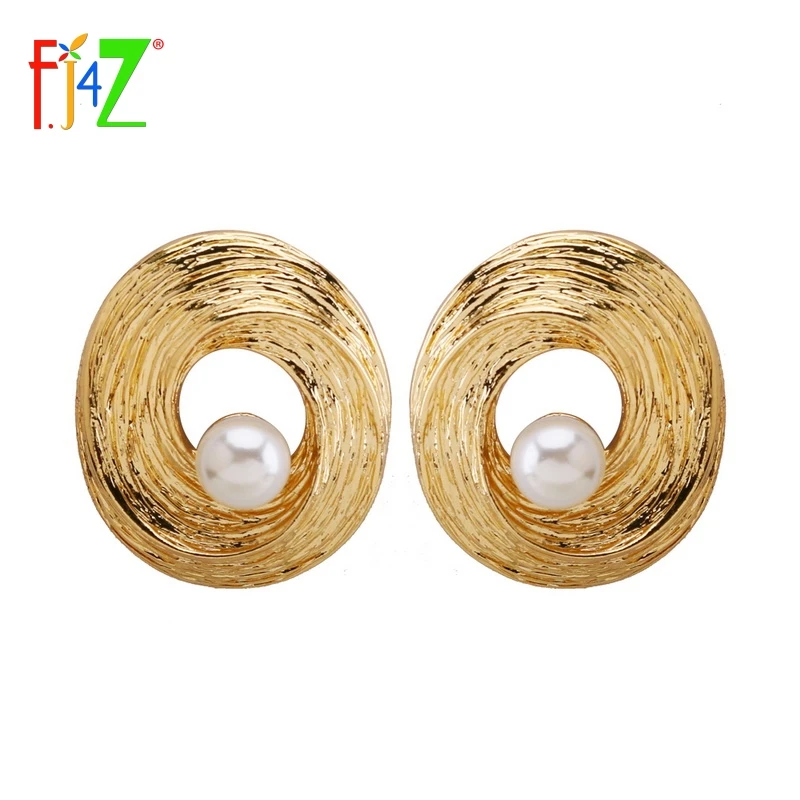 

F.J4Z Excellent Quality Golden Alloy Stud Earrings For Women HOT Fashion Polished Round Spiral Pearl Ear Studs