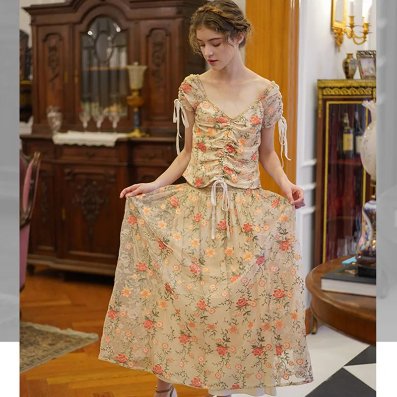 Lente Zomer Originele Ontwerp Vrouwen Vintage Elegante Rok Dames Mori Meisjes Luxe Bloem Borduren Mesh Pailletten Lange Rok Lente Zomer Originele Ontwerp Vrouwen Vintage Elegante Rok Dames Mori Meisjes Luxe Bloem Borduren Mesh Pailletten Lange Rok