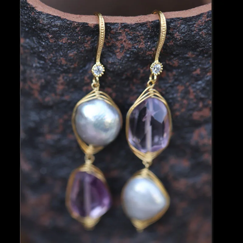 

Raw Ore Amethyst Natural Irregular Pearl Dangle Earrings For Women Luxurious And Unique Design SD05