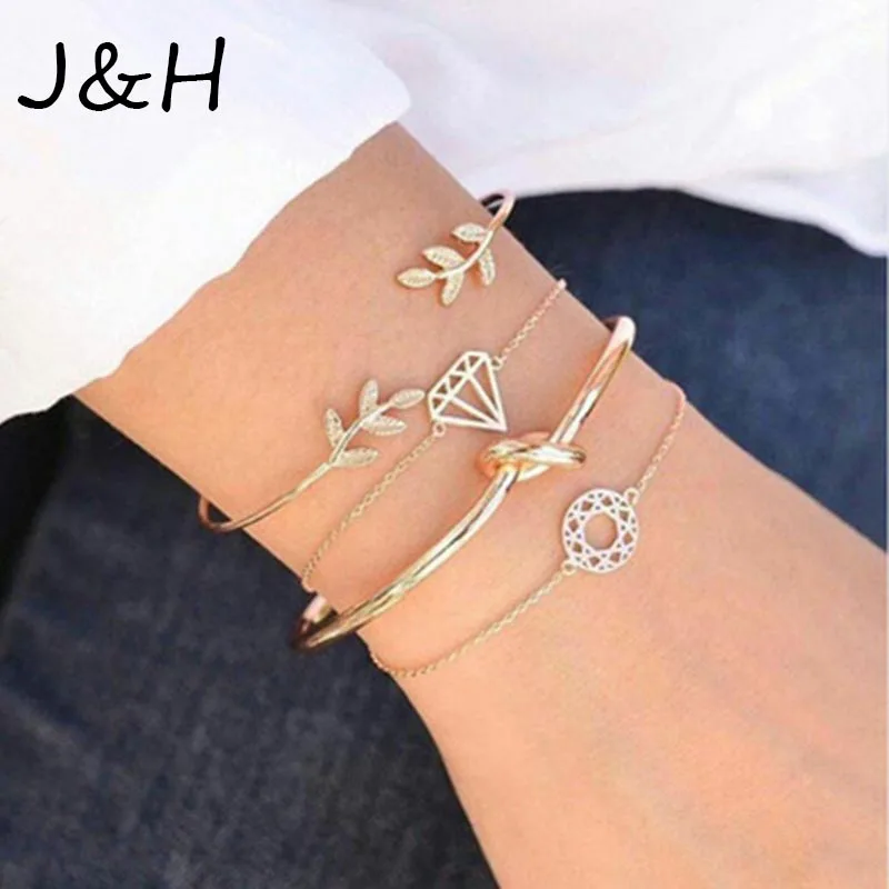 

4pcs/Set Fashion Bohemia Leaf Knot Hand Cuff Link Chain Charm Bracelet Bangle For Women Gold Bracelets Girlfriend Gift