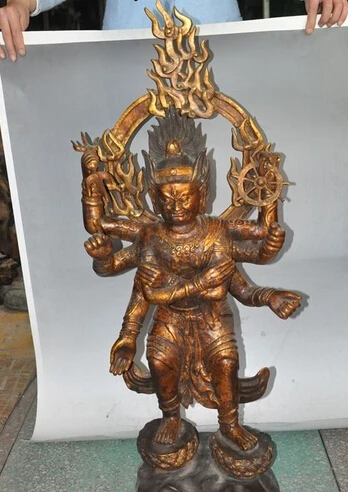 

xiuli 003669 39"Tibet Fane bronze 8 arms Exorcism Custodian god Buddha stand lotus statue