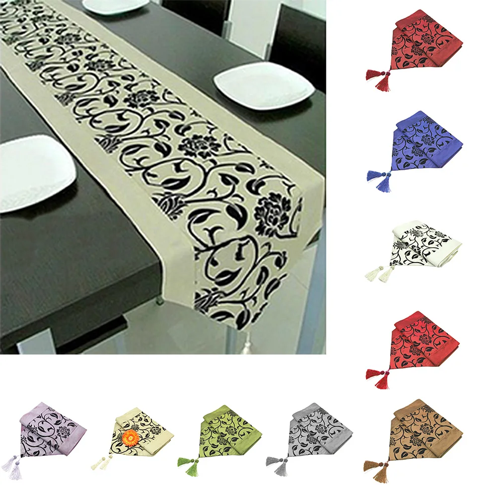 

Flora Flower Blossom Flocked Damask Hotel Restaurant Table Runner Cloth Home Wedding Party Table Decoration