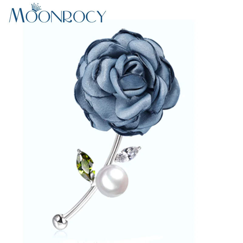 

MOONROCY Fashion Jewelry Wholesale Red Blue Pink Silver Color Rose Flower CZ Crystal Imitation Pearl Brooch for Women Girls Gift