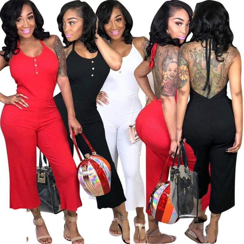 

Summer Women V Neck Camis Backless Jumpsuit Sleeveless Clothing Wear Sexy Knitted Slim Halter Solid Black White Red Combinaison