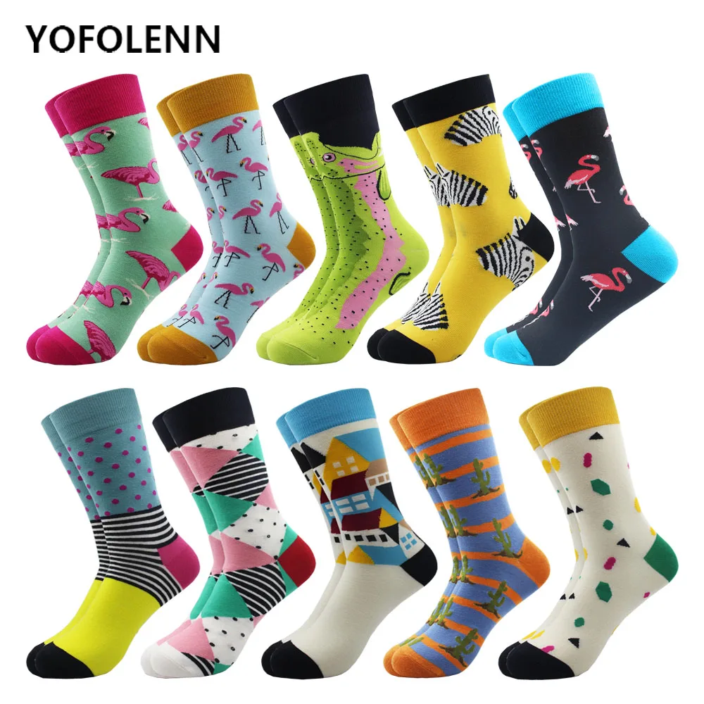 

10 Pairs/lot Men's Long Combed Cotton Happy Socks with Novelty Flamingo Crocodile Dot Pattern Colored Autumn Winter Casual Socks