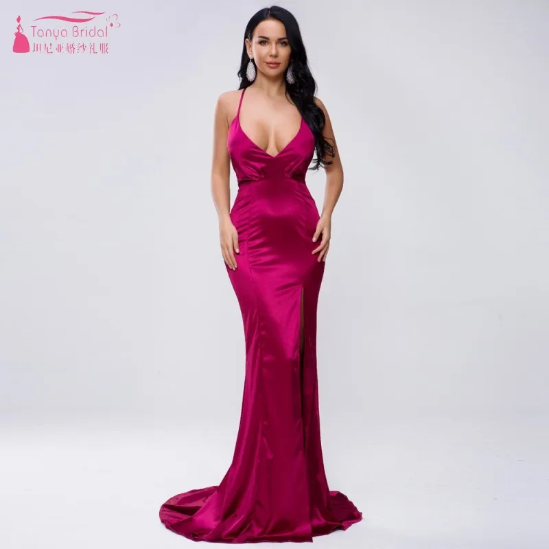 

Sexy Spaghetti Straps Deep V-neck Backless 2019 Prom Dresses Mermaid long High Slit Evening Party Dresses SS138