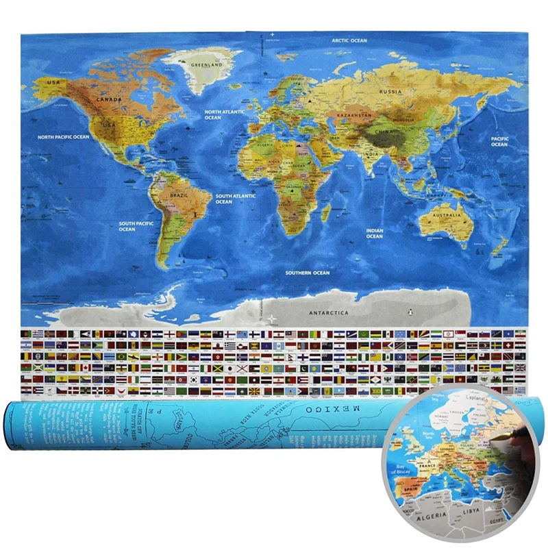 

PVC Ocean Style Scratch Map Decoracion World Map National Flag Scratches Deco Wereldkaart School Office Kids Game Travel Gift