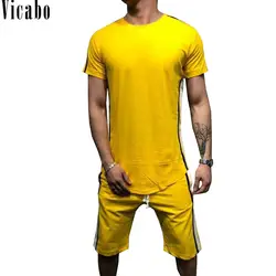 Vicabo спортивный костюм мужские летние полосатые Лоскутные мужские комплекты Повседневная футболка с коротким рукавом и шорты 2019