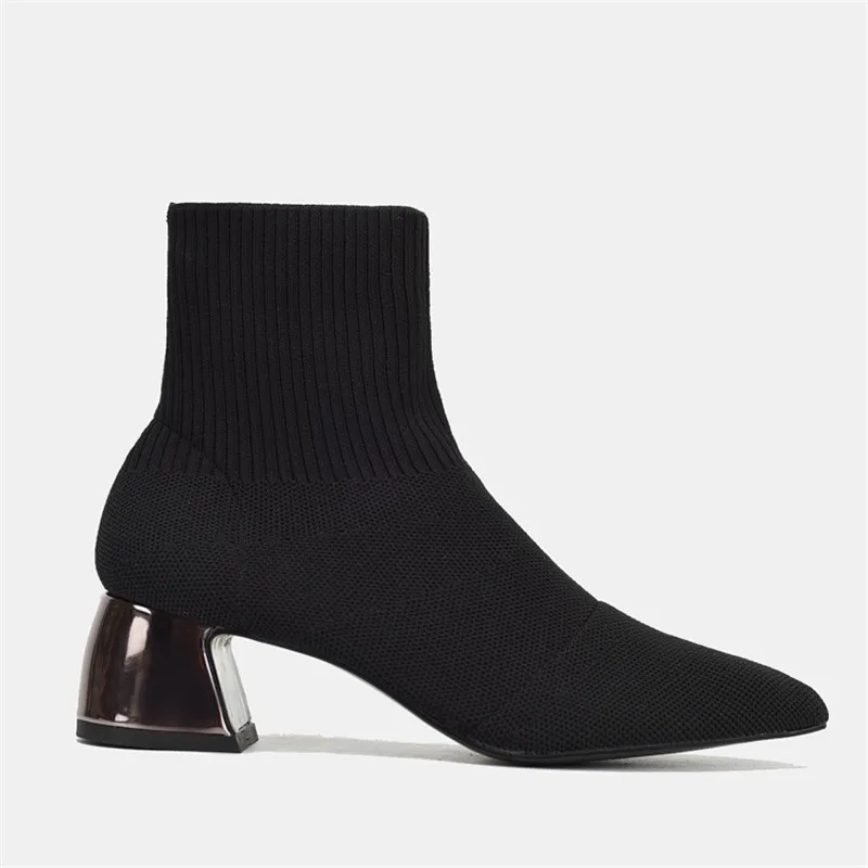 Jady/пикантные черные женские ботинки с вязаным носком; женские ботильоны; обувь на высоком массивном каблуке; женские облегающие Короткие ботиночки; сапоги для верховой езды