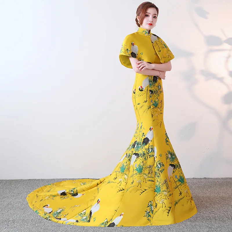 Желтый со шлейфом Роскошные Восточный вечер китайское платье вышивка Cheongsam Сексуальная Русалка без бретелек спинки платья для свадебной