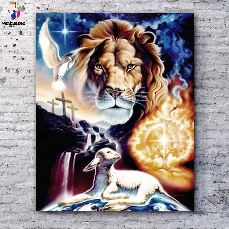 

DIY colorings pictures by numbers with colors The lion and the sheeppicture drawing painting by numbers framed