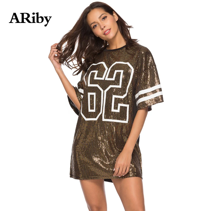 Women Dress Summer Party Vestidos Dresses ARiby 2019 New Sexy Digital Printing Loose Sequined Punk Mini O-Neck Half Sleeve Dress