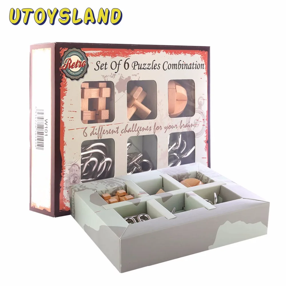 UTOYSLAND 6pcs/set Metal Puzzle Wire IQ Mind Brain Teaser Wooden Puzzles Game Educational Toys for Children Adults Kids Gift