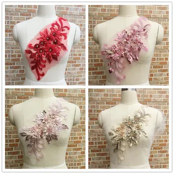 

5pcs Crystal Beaded Sequins 3D Flowers DIY Patch Lace Appliques Sew On Patches Floral Patch Costume For Wedding Dress Decor
