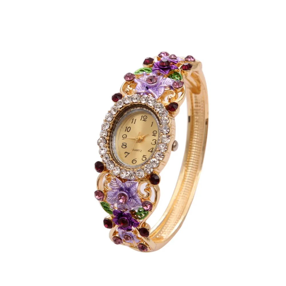 

Charming Purple Cluster Enamel Flower Rhinestone Luxury Brand Watch For Women Quartz Analog Clock Relogio Feminino