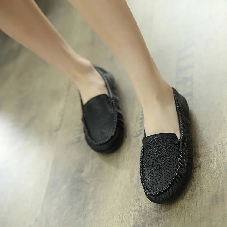 Woman Loafers PU Leather Shoes for Mother Flat with Sewing Summer Women's White Shoes Breathable Hollow Ballet Flats Black Beige (3)