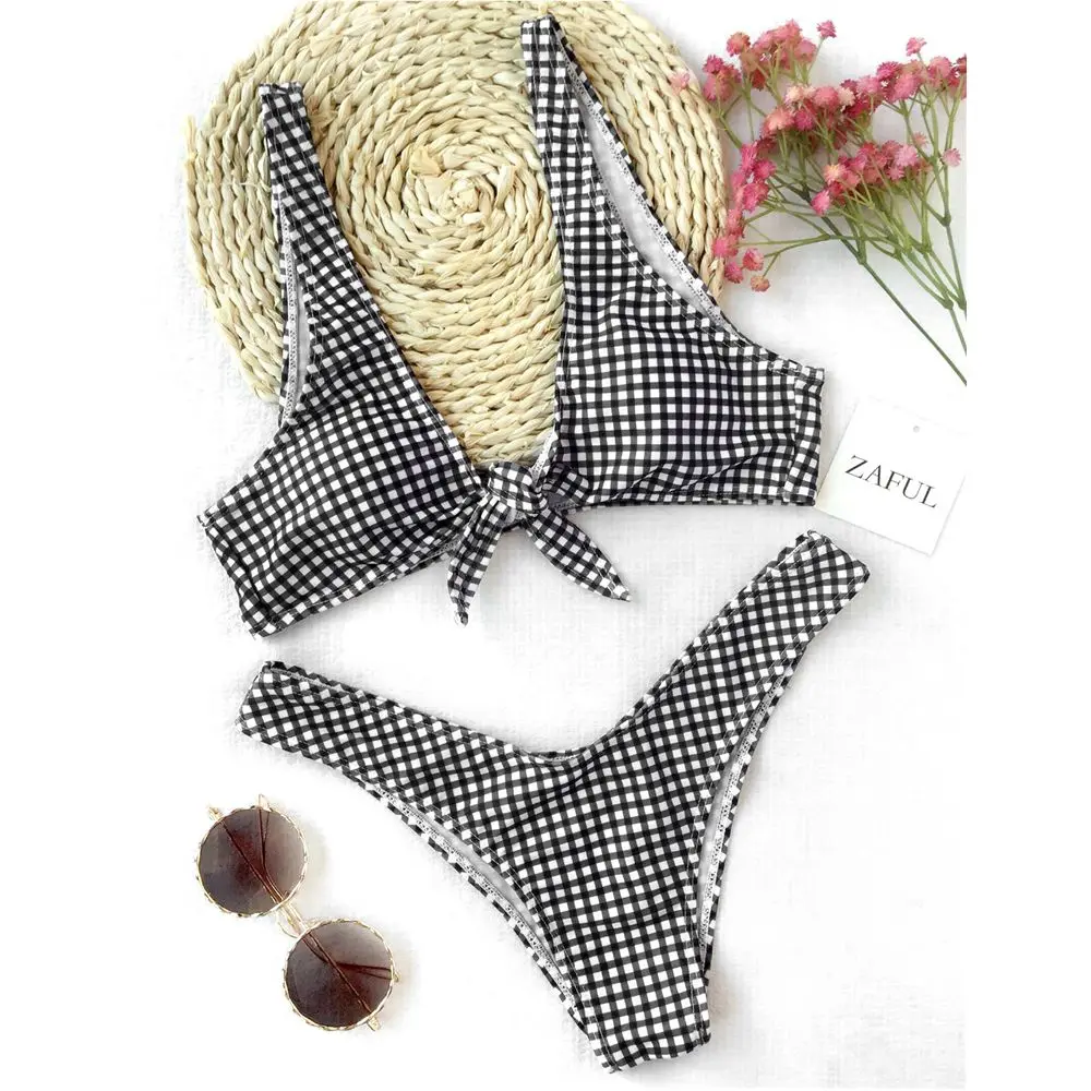 baratas ZAFUL Biquíni 2018 Mulheres Tanga Frente Xadrez Tie Bikini Set Meados Cintura Xadrez Mergulhando Neck Swimsuit Sexy Praia Moda Praia Verão