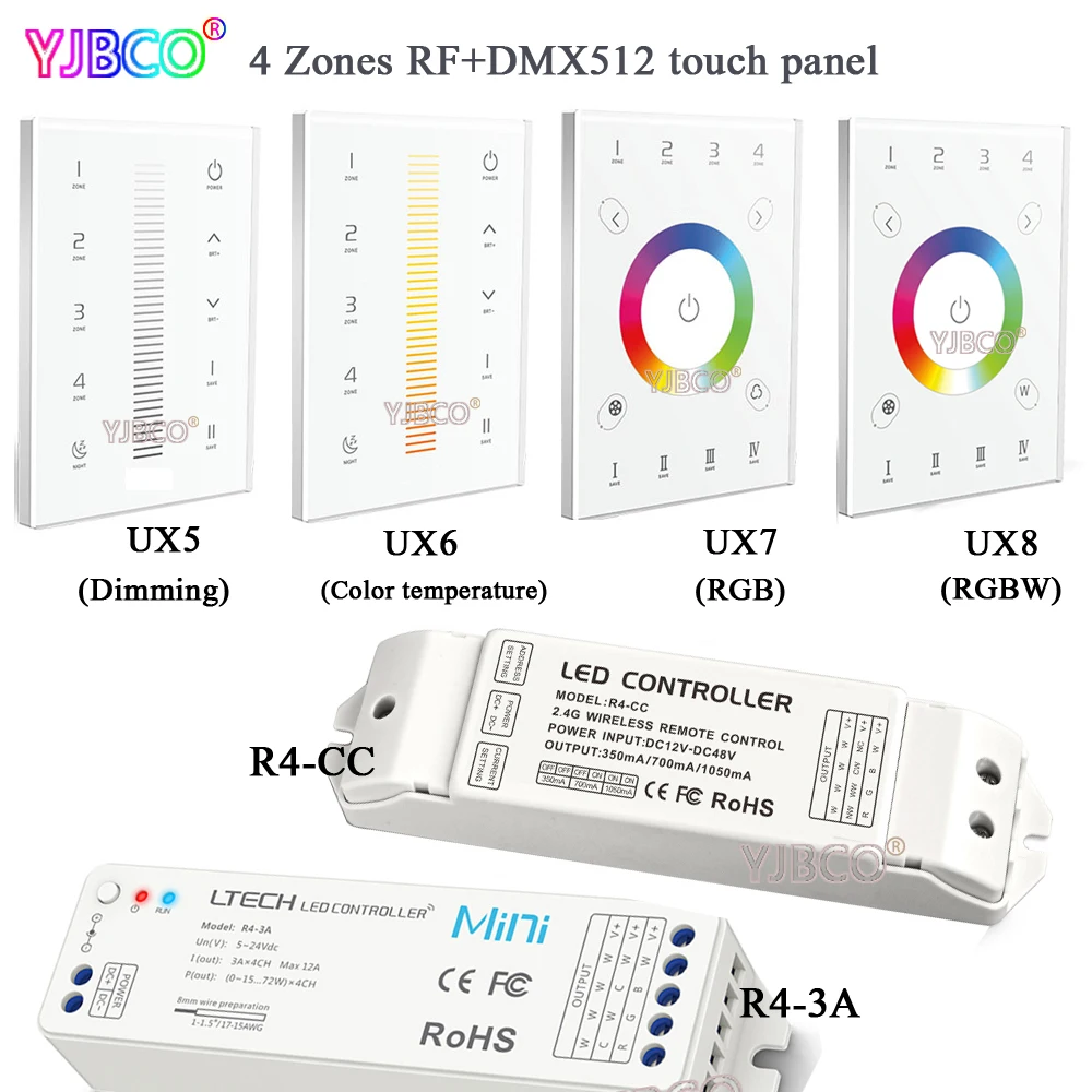 

2.4G DC5V UX1/UX5 Dimming, UX2/UX6 Color temperature, UX7 RGB,UX8 RGBW touch panle DMX512 led dimmer Controller