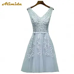 Alimida-линии вечернее платье короткое Новинка 2017 года с кружевной аппликацией платье для свадебной вечеринки элегантный бисером платья
