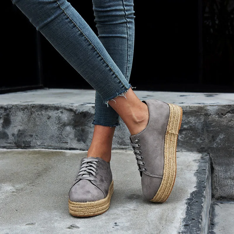 

Autumn Women Casual Sneakers Hemp Rope Loafers Women Platform Lace Up Round Toe Women Flat Shoes Tenis Feminino