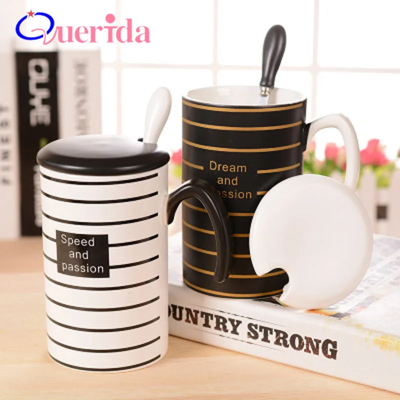 

Creative Stripe Coffee Mug Black White Ceramic Mug With Lid Spoon Handle Fashion Gift Mugs Casual Cartoon Drinkware Milk Tea Cup