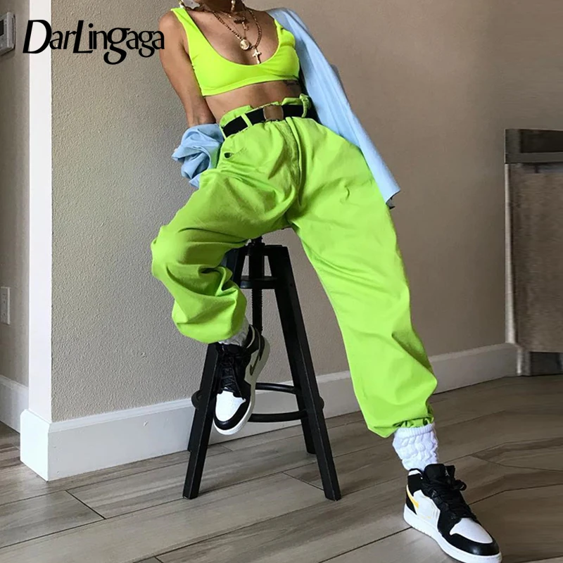 

Darlingaga Hip Hop Fluorescent green track pants solid casual loose joggers women streetwear women's pants trousers bottom 2019