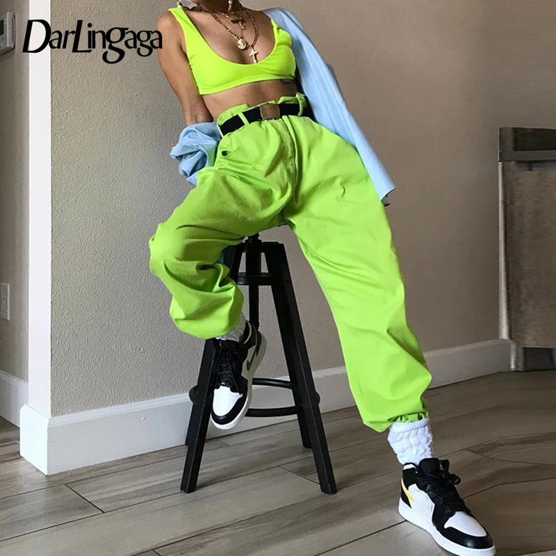 Comprar Darlingaga Hip Hop fluorescente verde track pants sólido casual suelta joggers mujer streetwear pantalones de mujer inferior 2019