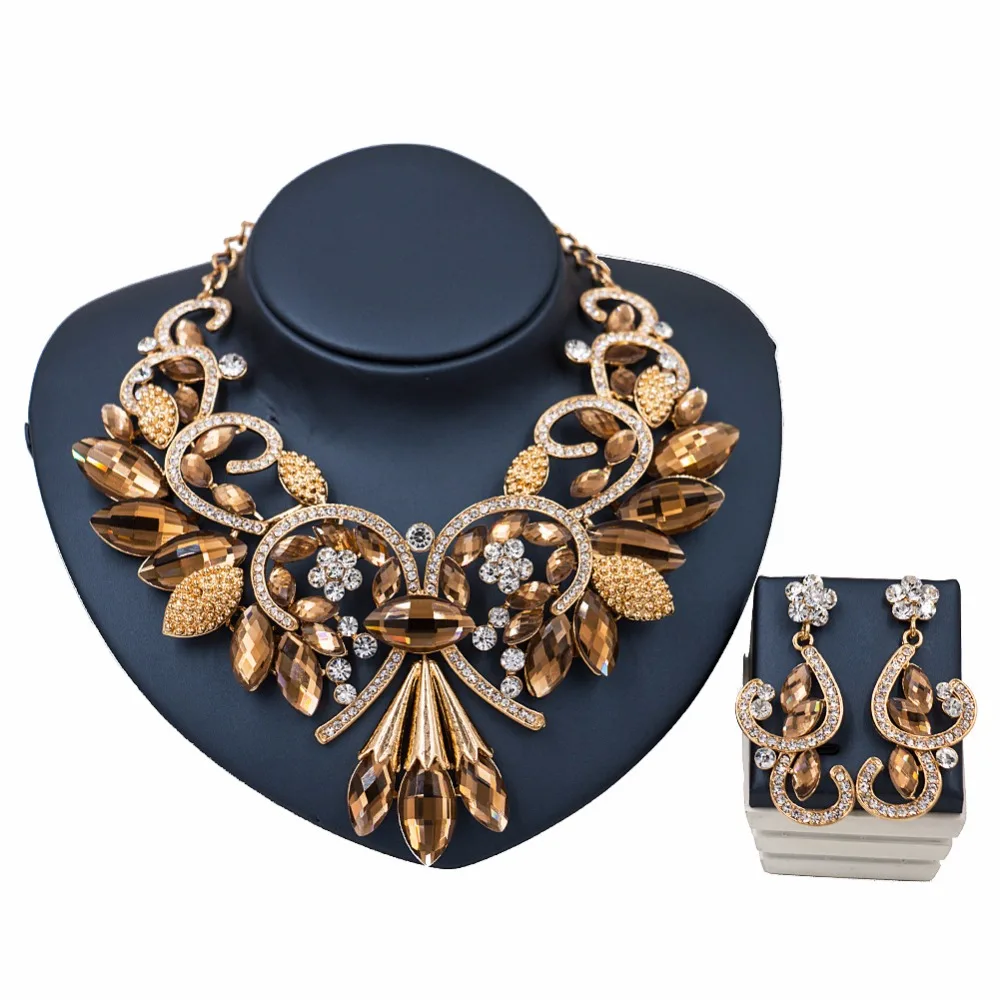 

Fashion Indian Crystal Jewelry Women Bridal Wedding Jewelry Set High Quality Necklace Earrings For Party Dress Accessories