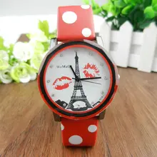 WoMaGe черные кварцевые часы в горошек, Эйфелева башня, губы, узор, ремешок для наручных часов, часы с полиуретановым ремешком для женщин, Кварцевые Наручные Часы WoMaGe 100 шт./партия