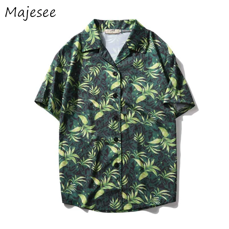 Ulzzang мужские рубашки с коротким рукавом мужская рубашка s Harajuku BF Ретро дышащий летний корейский стиль Шикарный тонкий лист цветок Мода