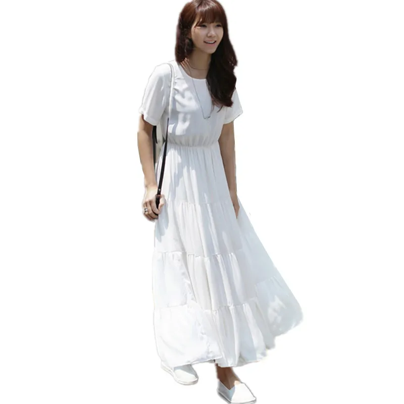 

B2862 new summer 2019 women fashion shows thin pure color student chiffon short-sleeved beach fairy dresses cheap wholesale