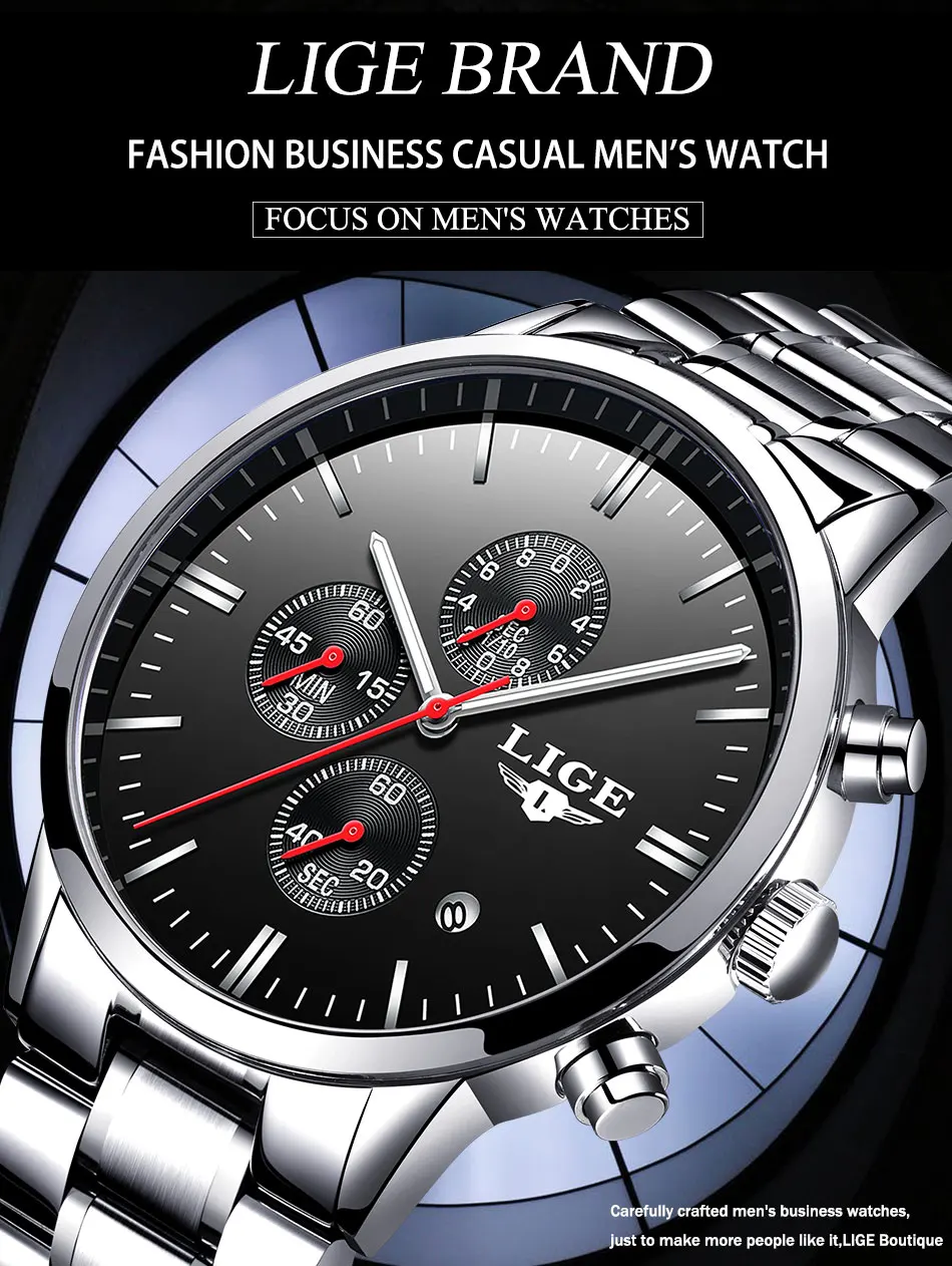 LIGE, мужские часы, Лидирующий бренд, Роскошные Кварцевые часы, мужские, все стали, водонепроницаемые, с датой, спортивные, с хронографом, кварцевые часы, Relogio Masculino