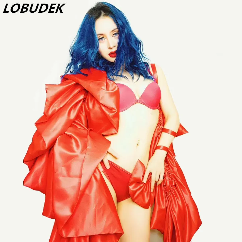 

Women Red Bikini Big Shawl Set Nightclub DJ Singer Dance Outfits Sexy Models Catwalk Stage Wear Bar Party Dancer Costume Bra Set