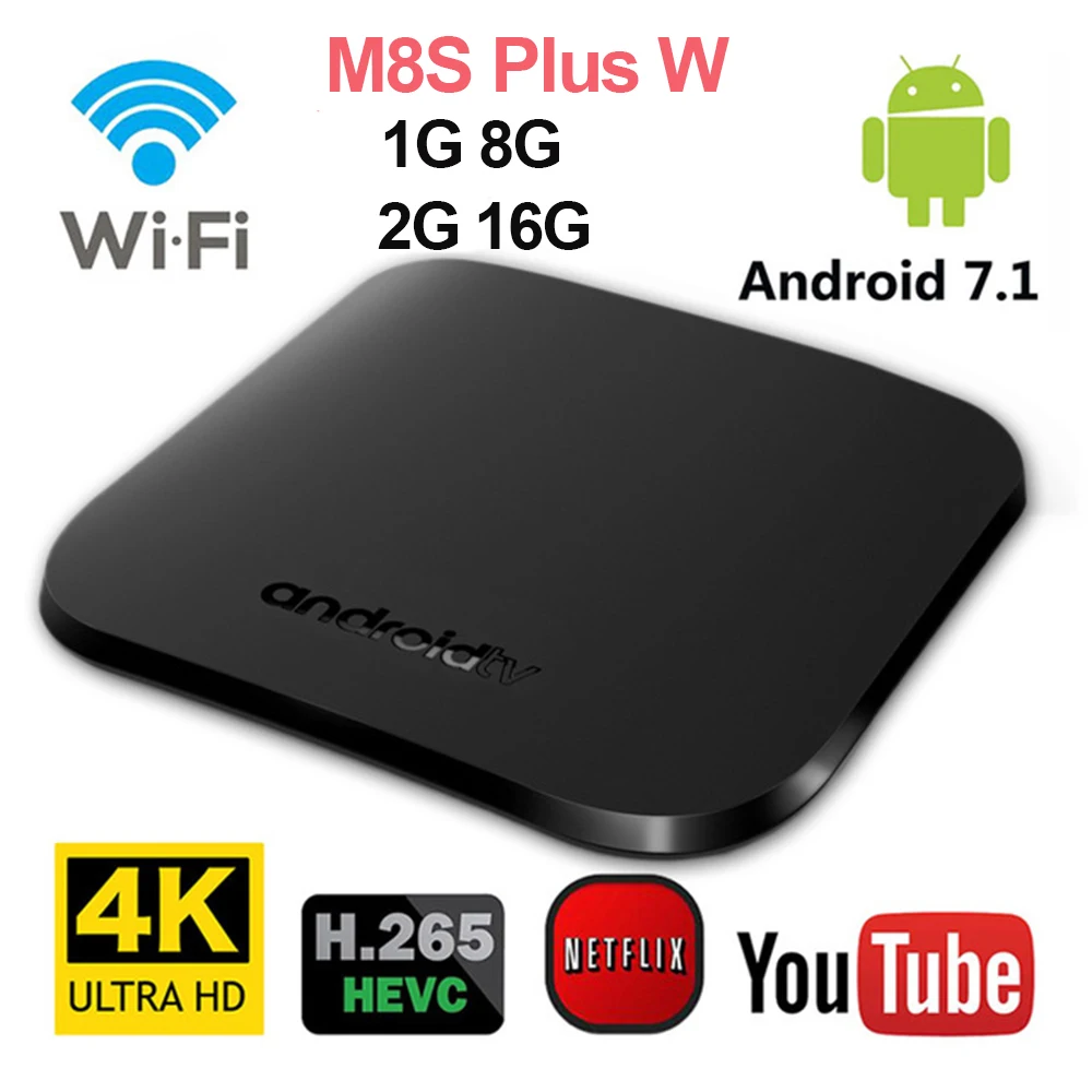 

M8S PLUS W Adroid 7.1 1G 8G 2G16G 2.4G WiFi 4K,H.265 set top TV BOX Support Spain/French/Italy/NL IPTV 2700+TV pk KM9