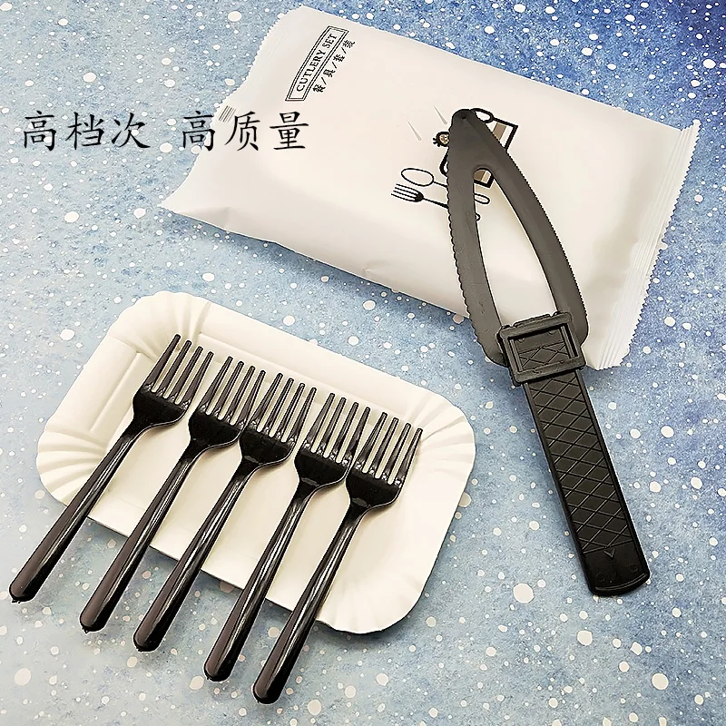 

Paper Tray Disposable Cake Knife and Fork Dish Cutlery Tray Combination Three-in-one Birthday Cake Cutlery Set High Quality